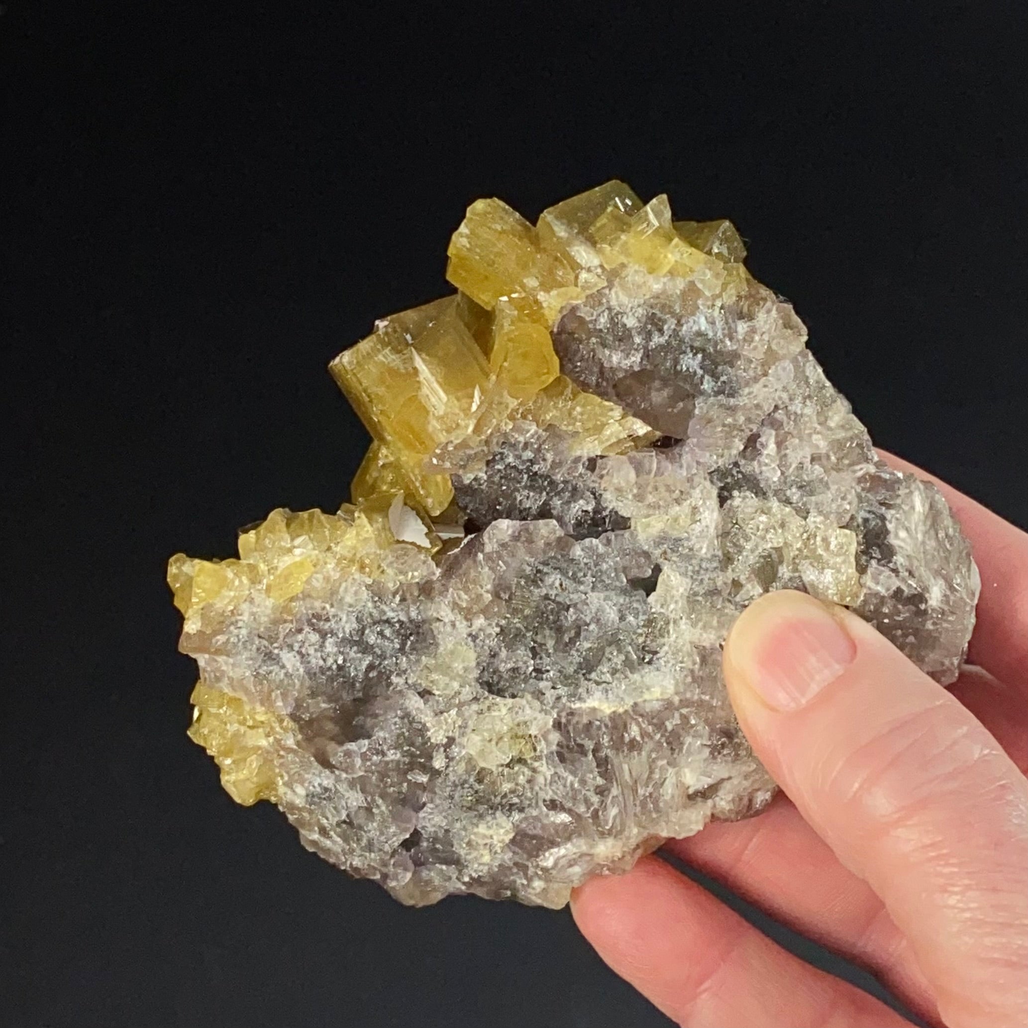Golden Yellow Barite Rhombohedrons on Fluorite Matrix,