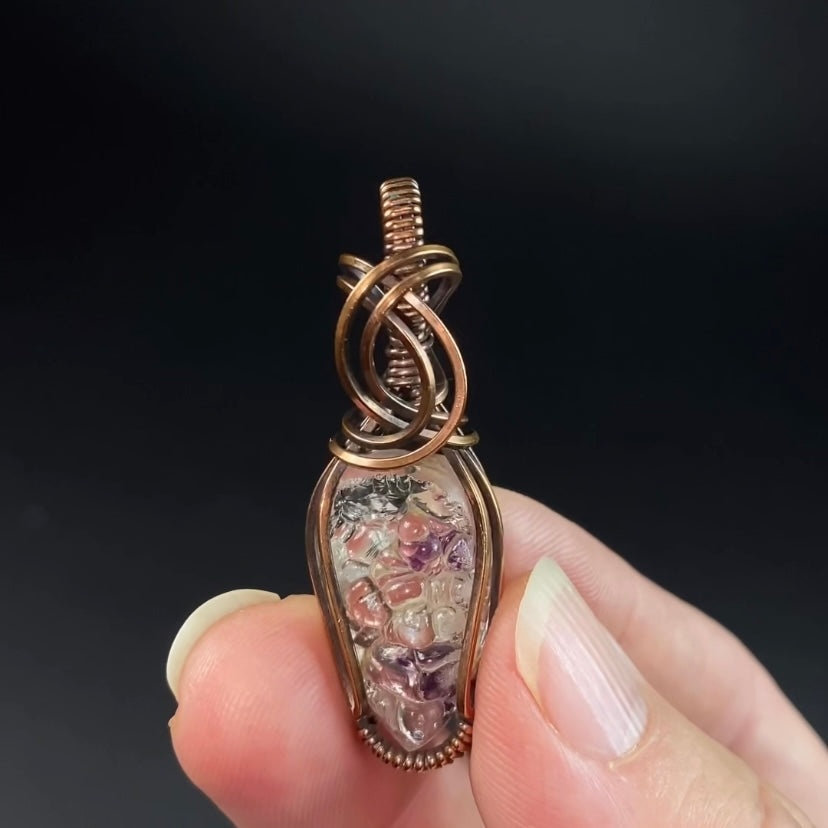 Hyalite Opal with Purple Fluorite Inclusions & Copper Wire Wrapped Pendant