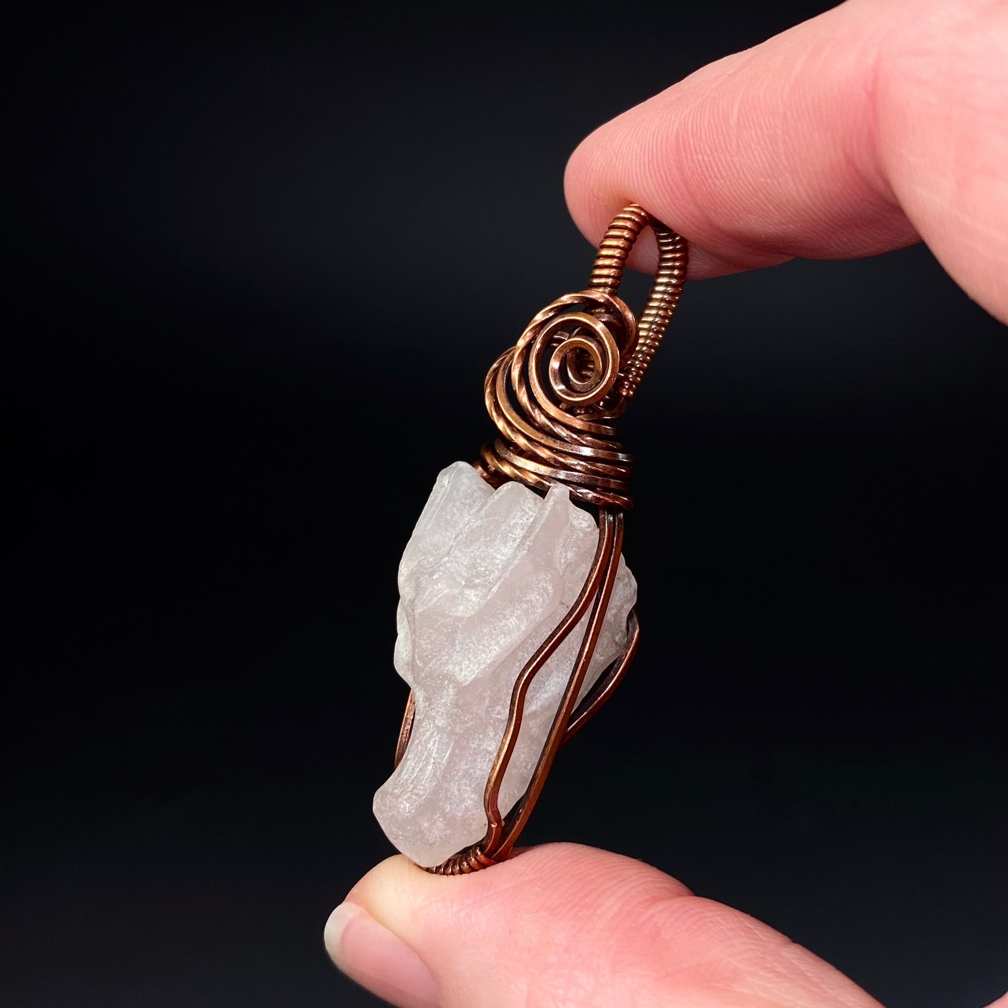 Rose Quartz Dragon and Copper Wire Wrapped Pendant