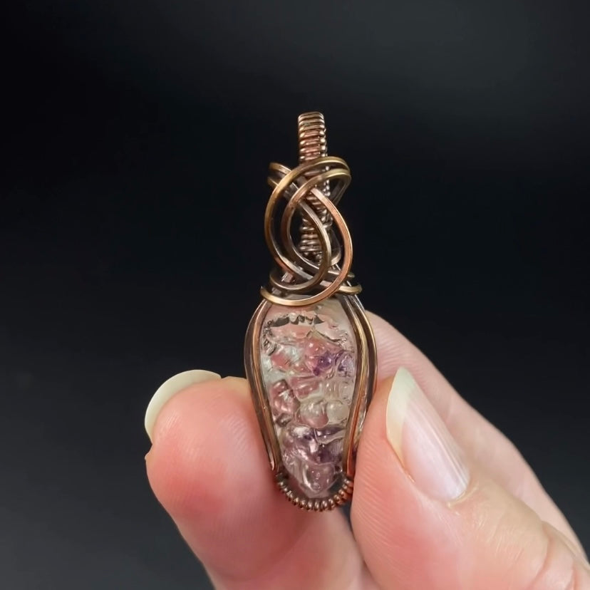 Hyalite Opal with Purple Fluorite Inclusions & Copper Wire Wrapped Pendant
