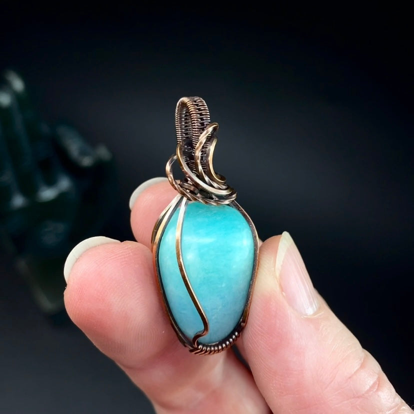 Amazonite Tumbled Stone and Copper Handmade Wire Wrapped Pendant