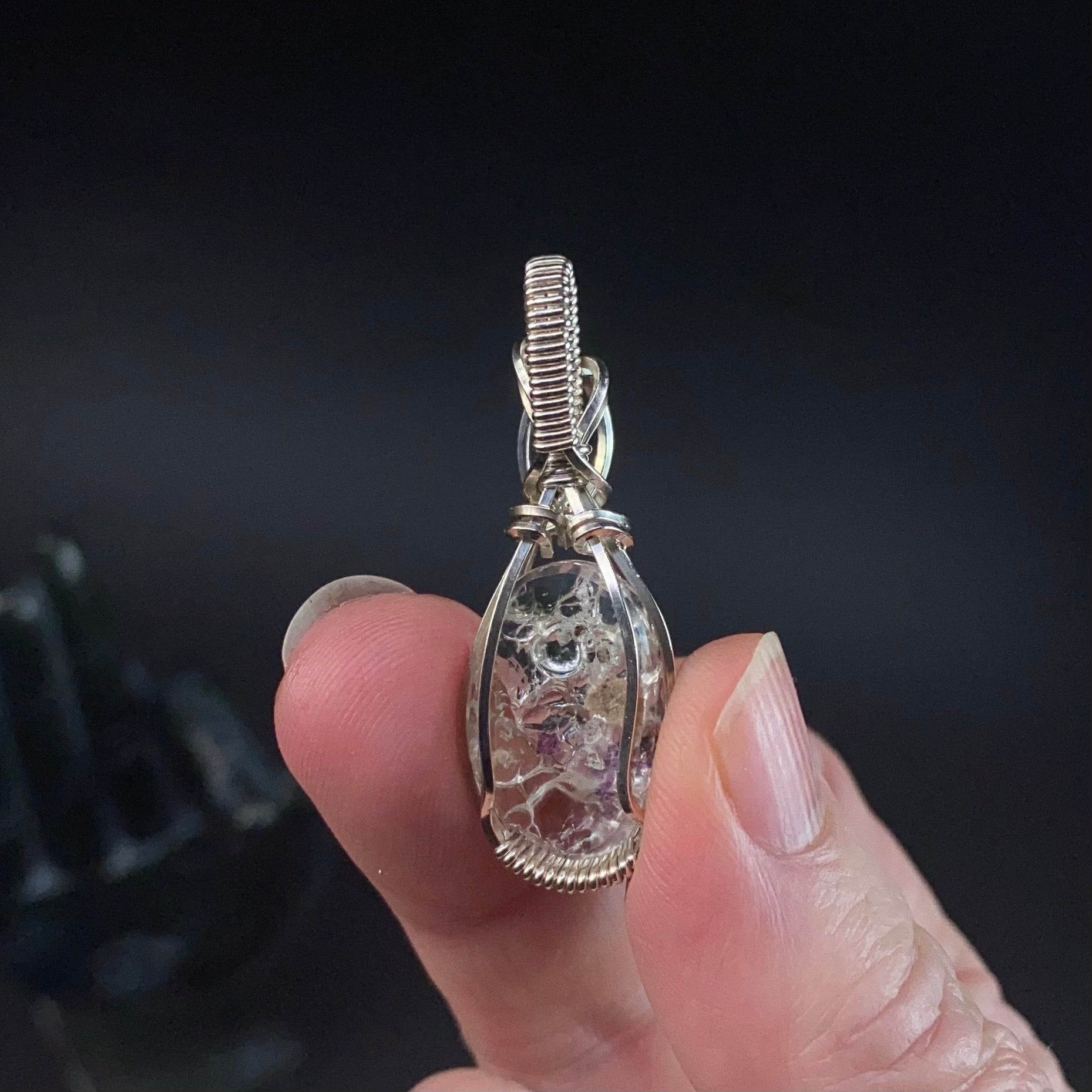 Hyalite Opal with Purple Fluorite & Sterling Silver Wire Wrapped Pendant