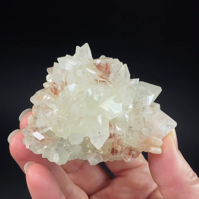 Clear Apophyllite Crystal Cluster with Hematite Inclusions and Stilbite