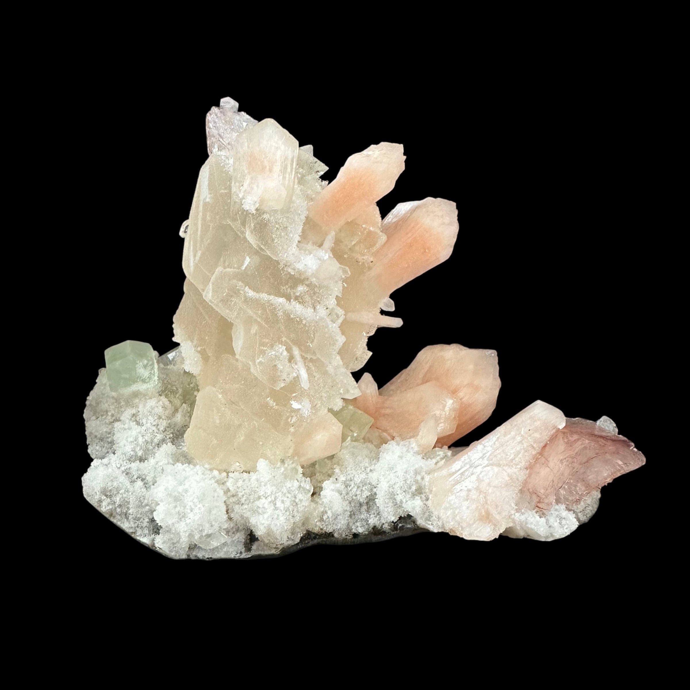 Pale Yellow Rhombic Calcite with Stilbite, Heulandite, Green Apophyllite & Chalcedony on Basalt Matrix Remnant