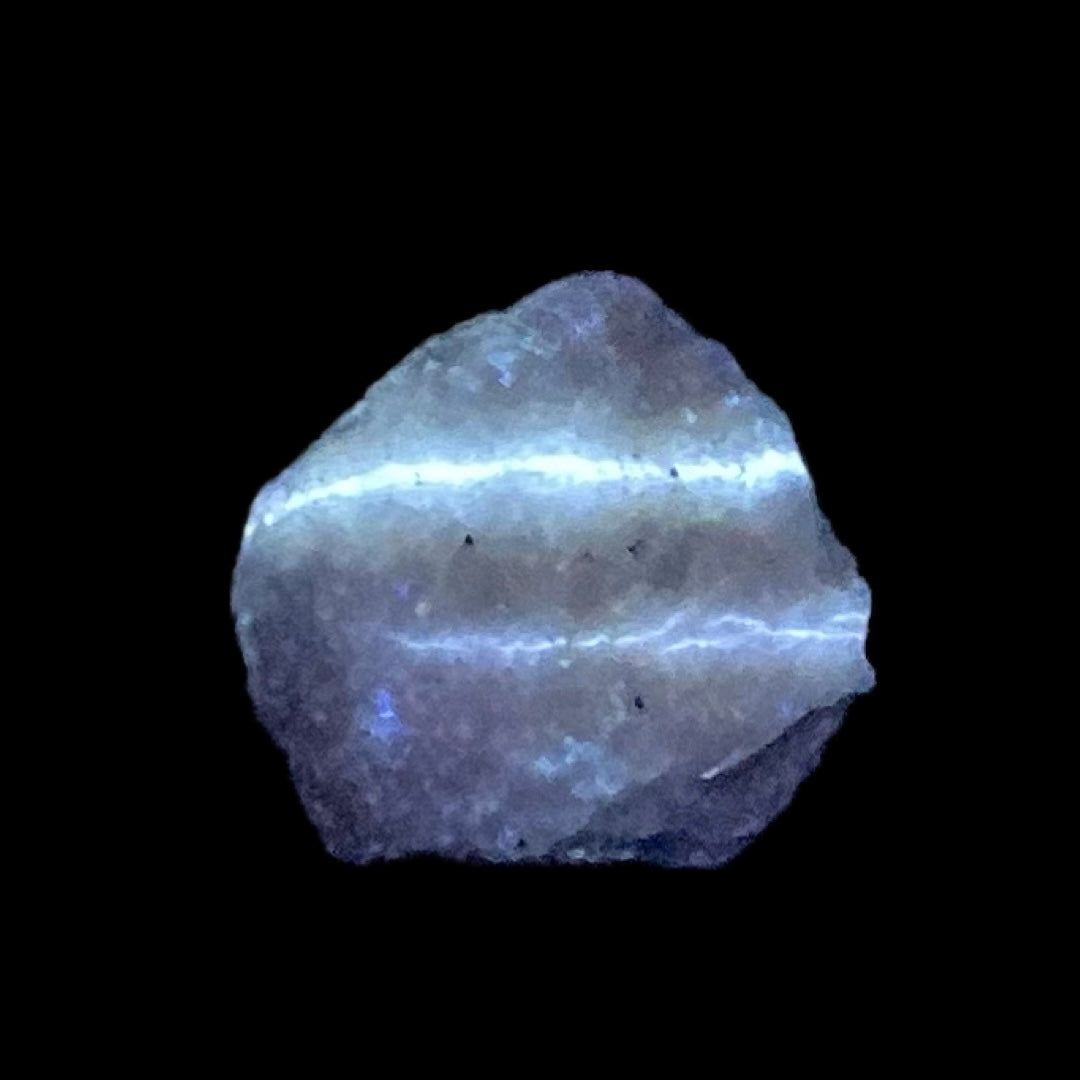 Fluorescent Aragonite “Lightning Bolt” on Calcite from Long Lake Zinc Mine, Ontario, Canada