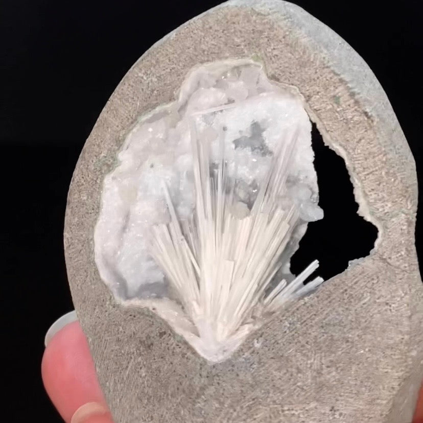 Radiating Scolecite Crystals with Quartz in Trimmed Basalt Pocket