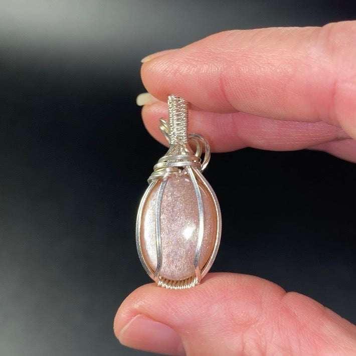 Sunstone in Moonstone & Tarnish Resistant Argentium Silver Handmade Wire Wrapped Pendant