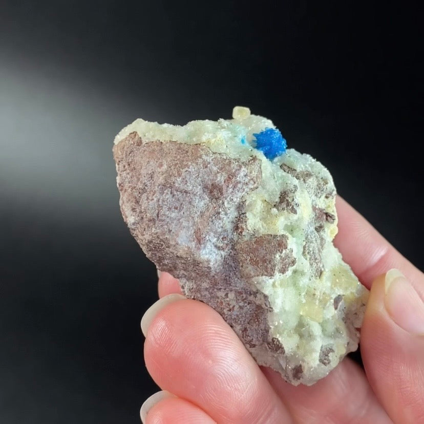 Vibrant Blue Cavansite / Pentagonite Cluster with Phosphorescent Calcite Crystals on Druzy Stilbite Over Basalt Matrix