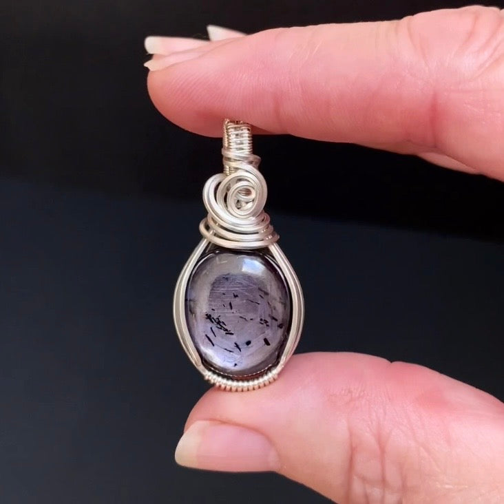 Tumbled Purple Sapphire Crystal & Sterling Silver Wire Wrapped Pendant