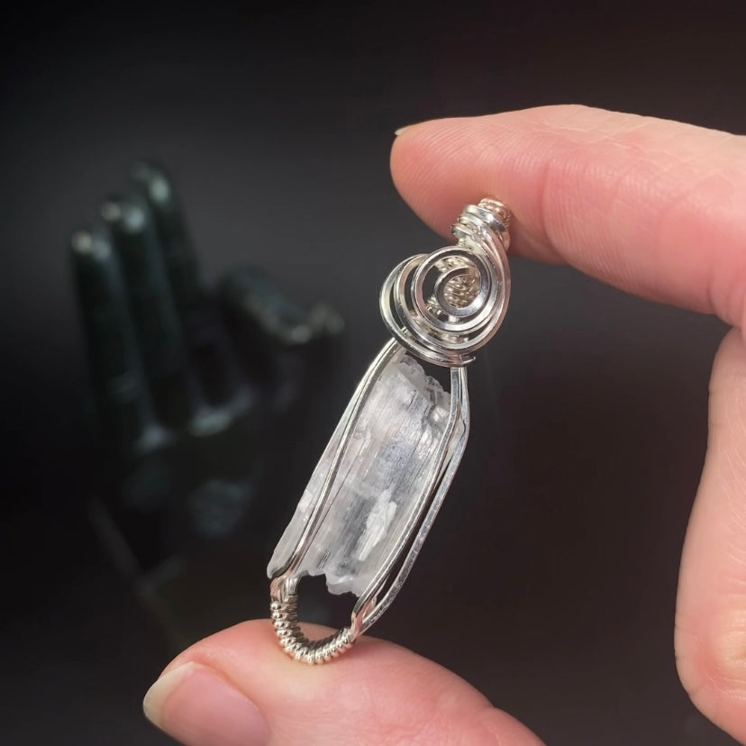 Clear Spodumene Kunzite Crystal & Sterling Silver Wire Wrapped Pendant