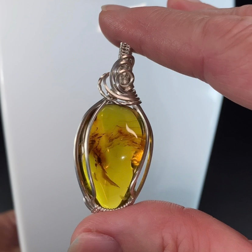 Chiapas Amber with Inclusions & Tarnish Resistant Argentium Silver Wire Wrapped Pendant