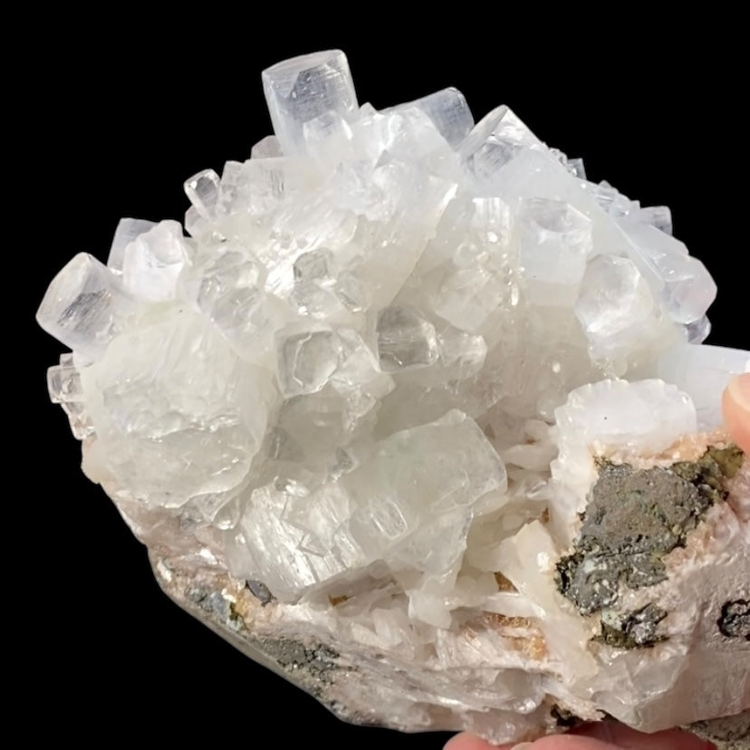 Clear Apophyllite Crystals with Peach Stilbite & Okenite on Basalt Matrix