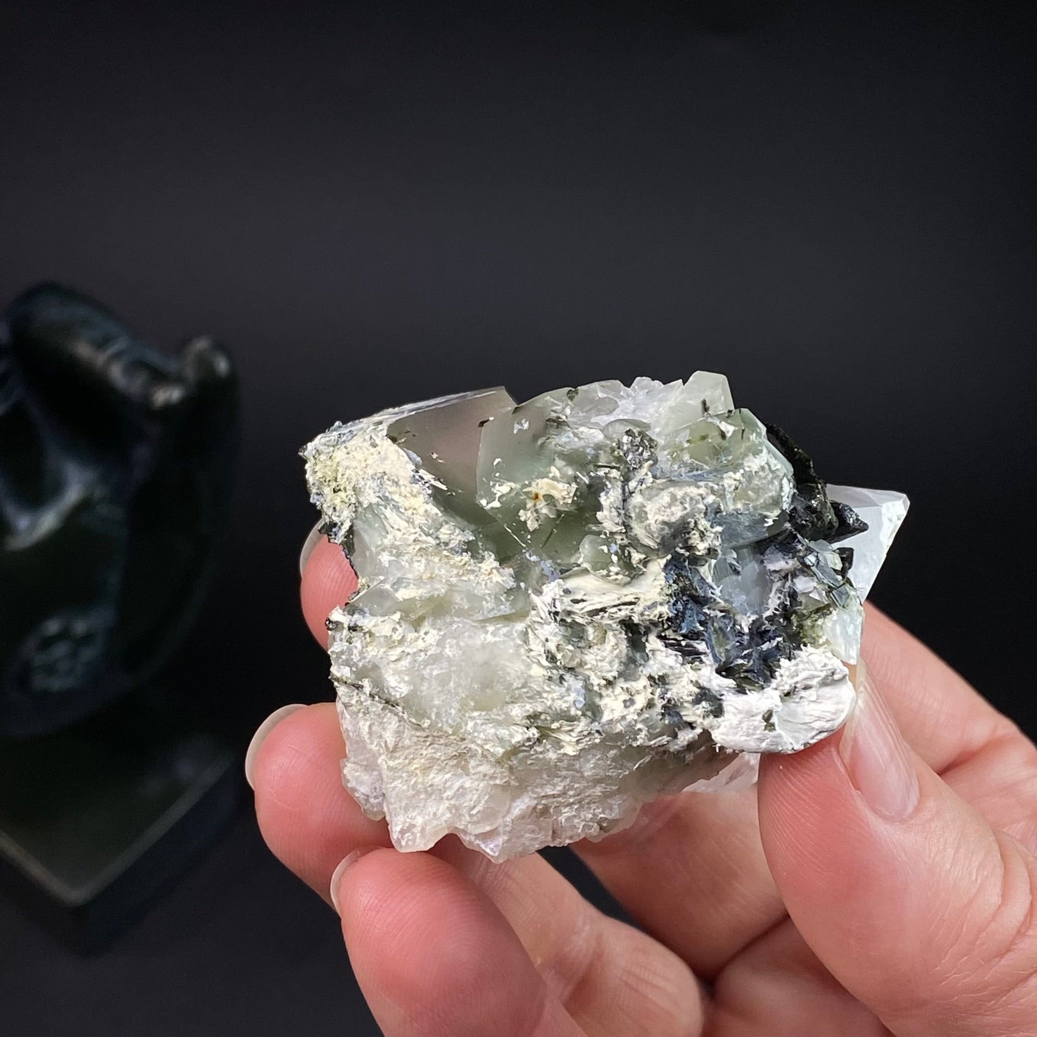 Quartz Crystal Cluster with Byssolite Inclusions & Dark Green Epidote