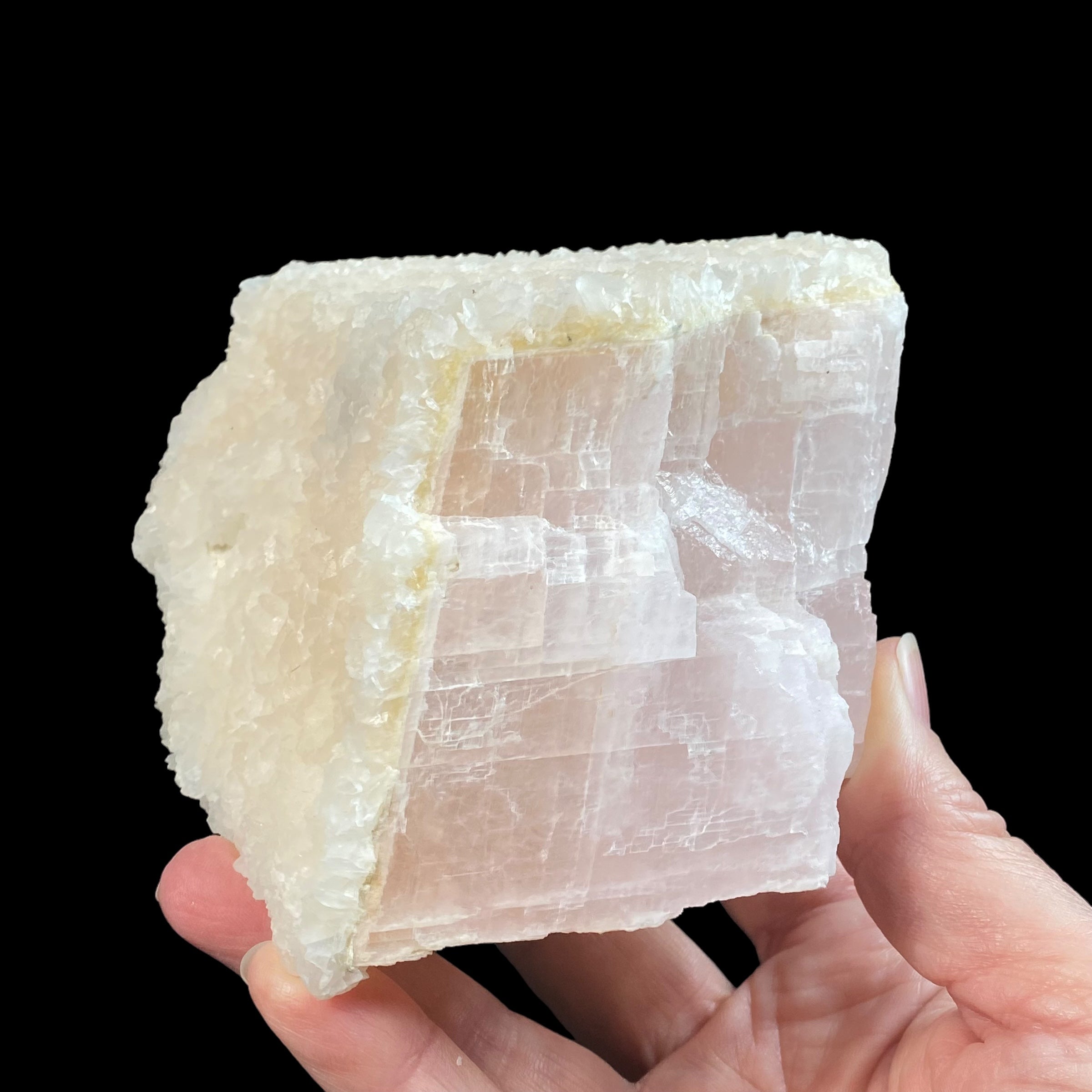 Fluorescent Mangano Calcite Covered in Clear Light Pink Calcite Crystals from Kosovo