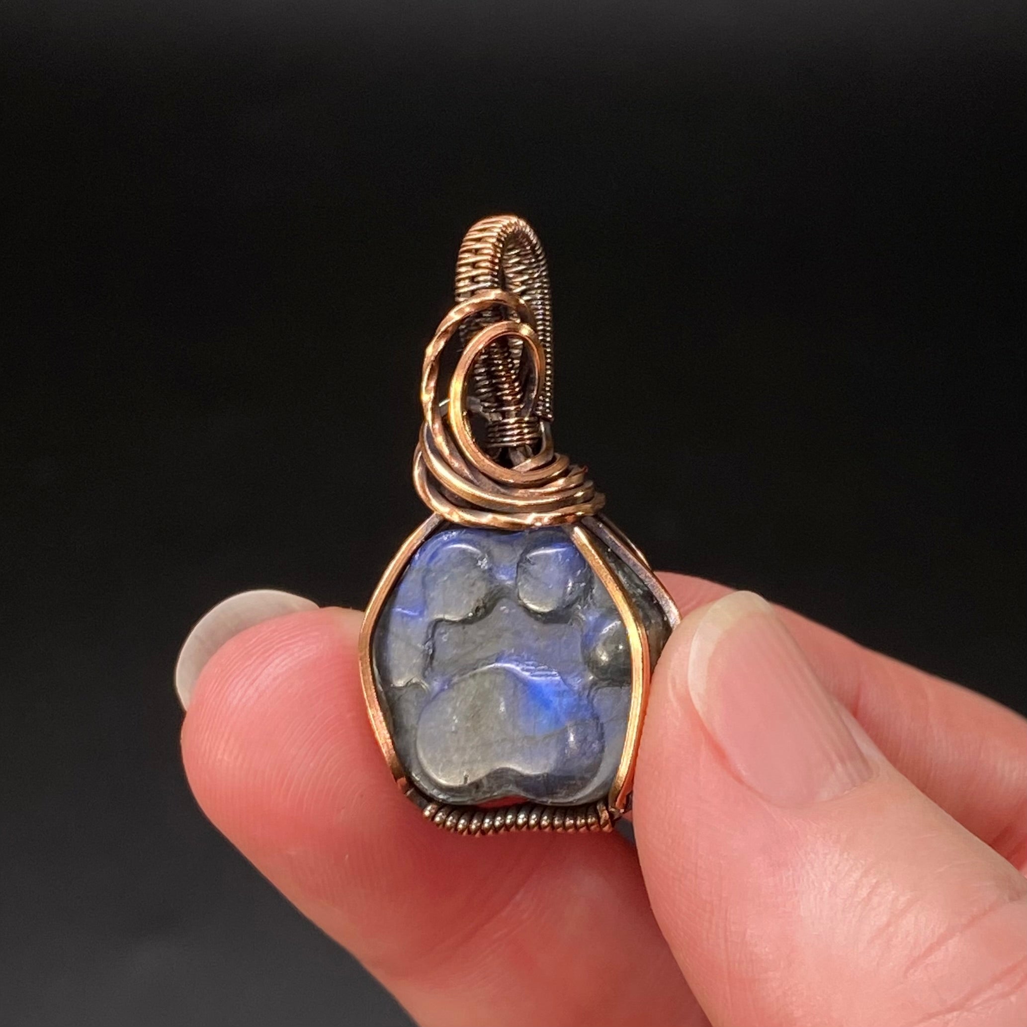 Labradorite Dog or Cat Paw Cabochon and Copper Wire Wrapped Pendant