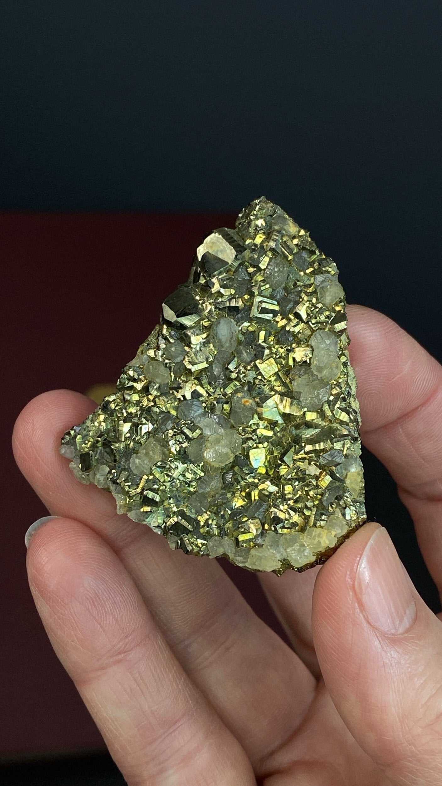 Cubic Pyrite Cluster with Fluorescent Calcite Crystals