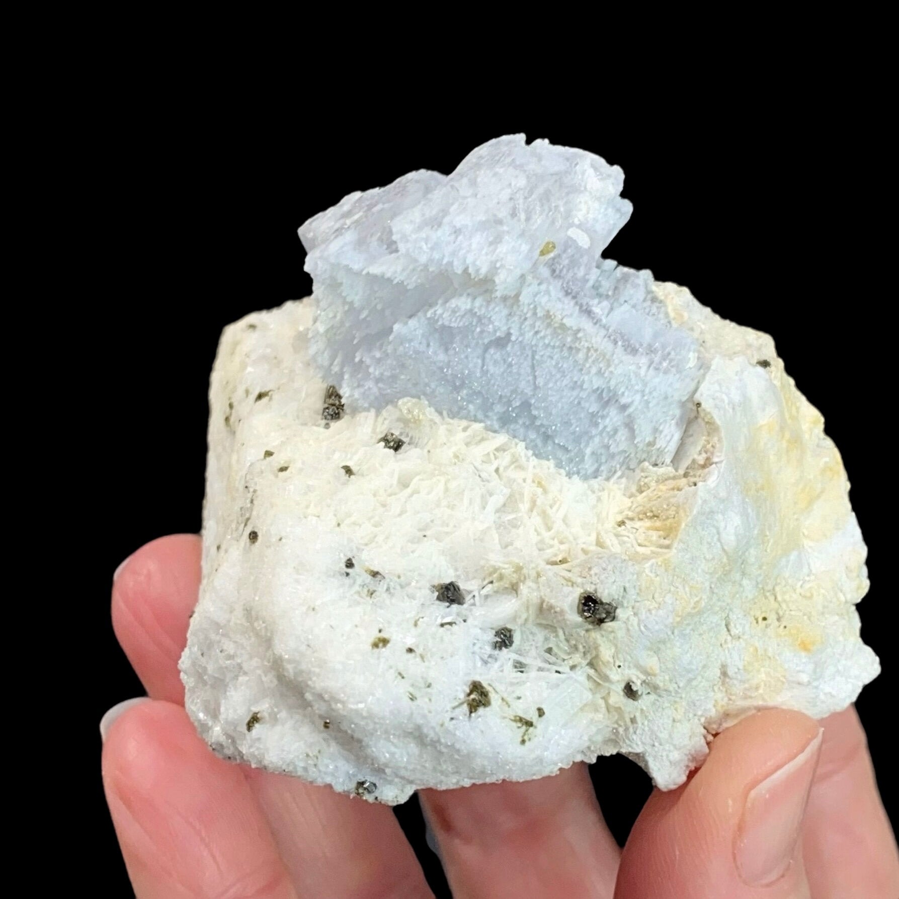 Etched Aquamarine Crystal with Phlogopite on Feldspar Matrix