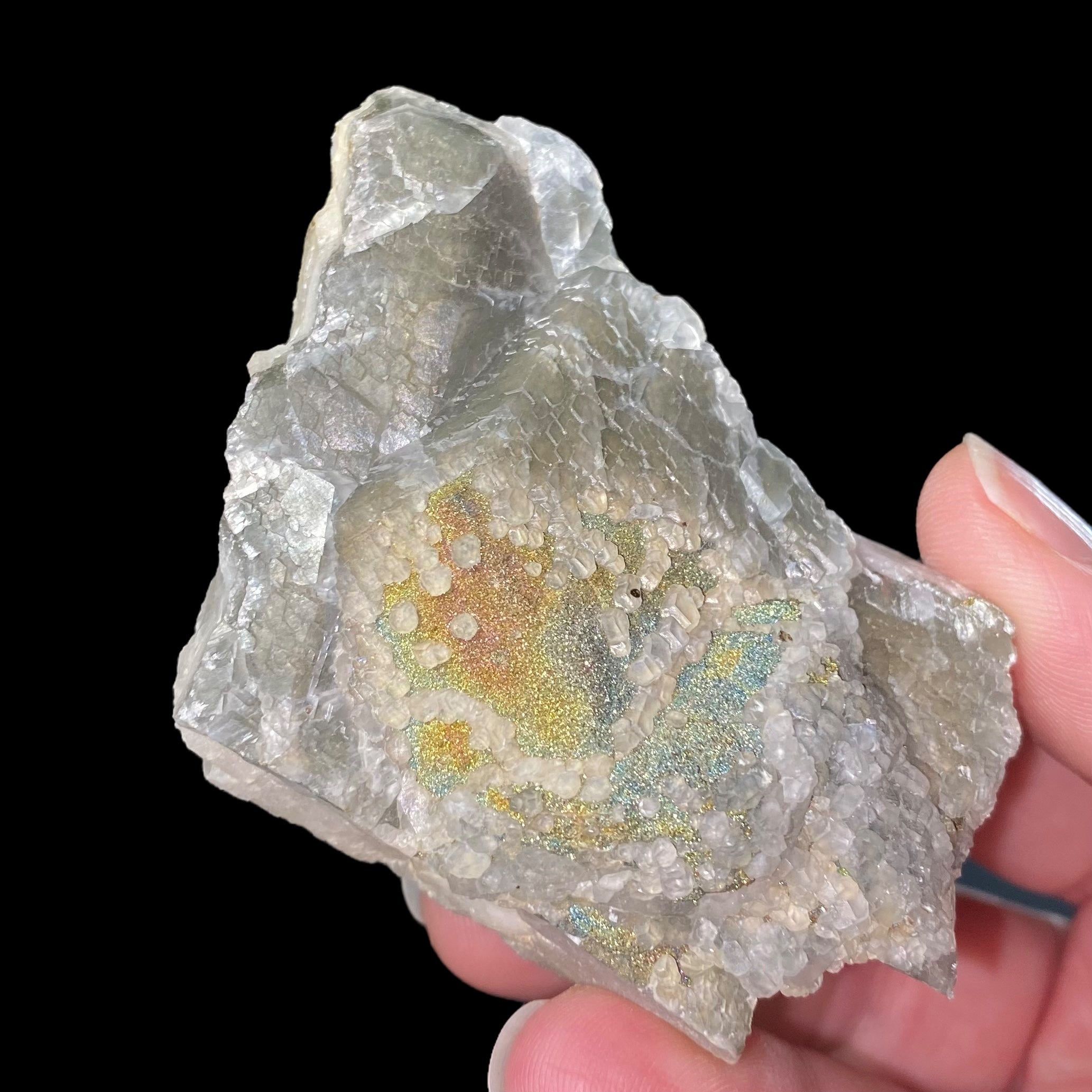 Rainbow Pyrite with Fluorescent Calcite from Trepca Mine Complex, Kosovo