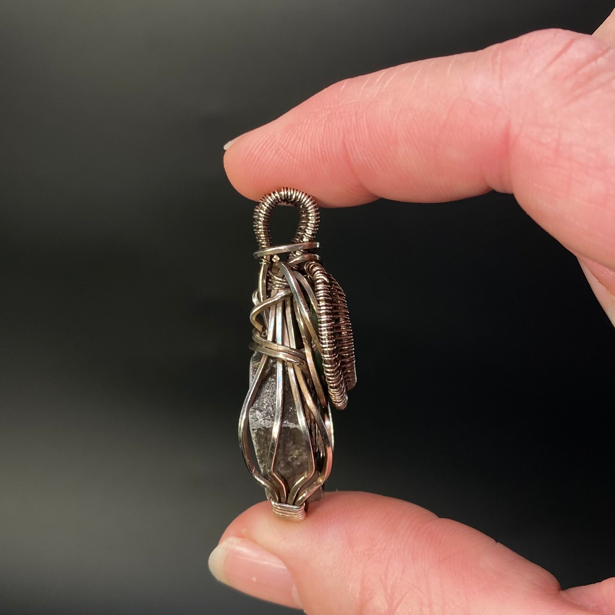 Canadian Ammolite with Nephrite Jade Accent Wire Wrapped Pendant in Sterling Silver Wire