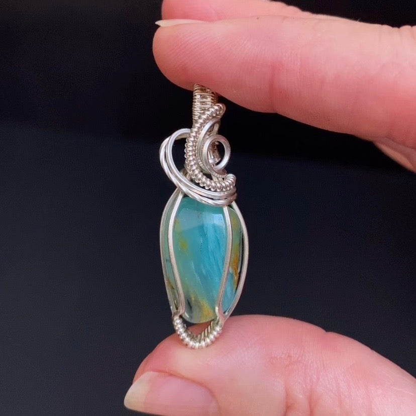Peruvian Blue Andean Opal & Sterling Silver Wire Wrapped Pendant