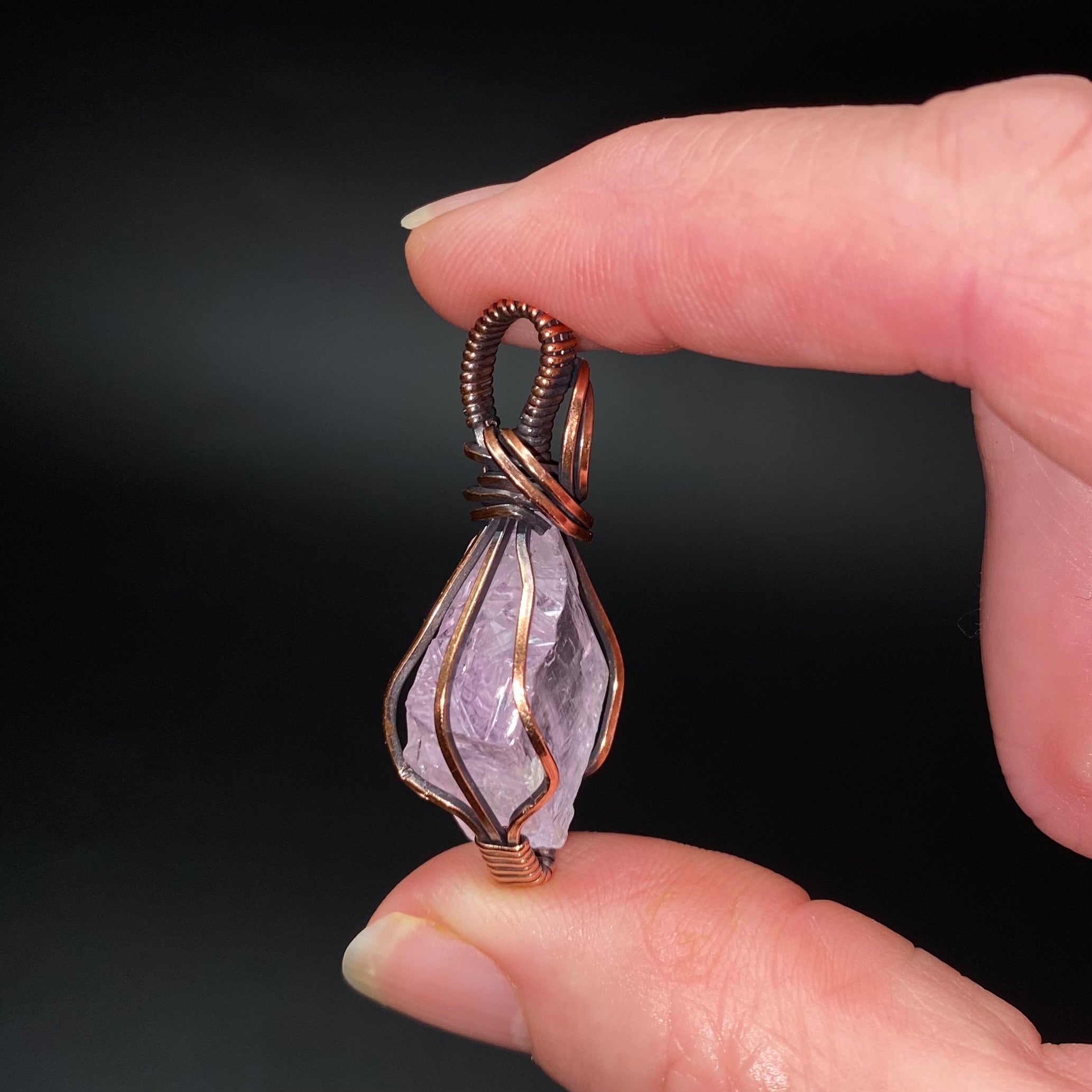 Fluorescent Spodumene Kunzite & Copper Wire Wrapped Pendant