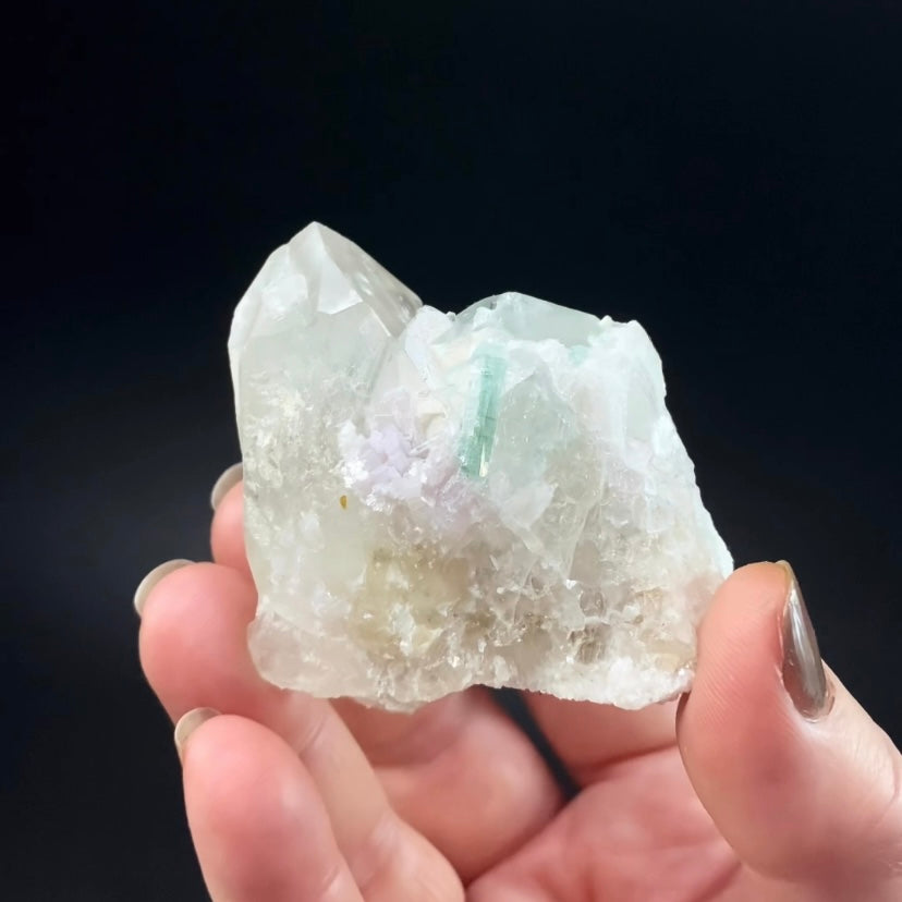 Green Tourmaline Crystals with Lepidolite on a Clear Quartz Cluster