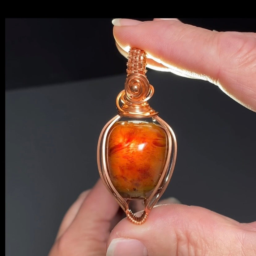 Honey Brown Sumatran Amber and Copper Wire Wrapped Pendant