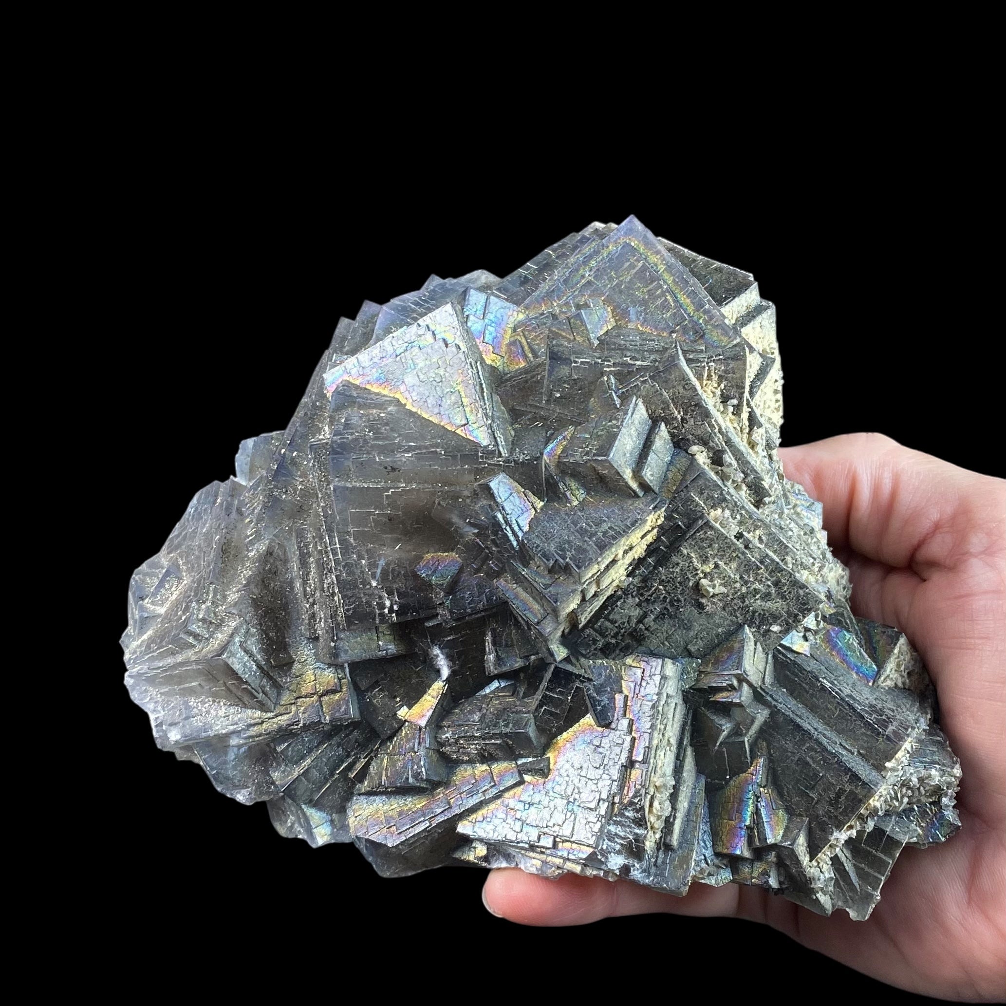 Blue and Purple Cubic Fluorite Cluster with Rainbow Iridescent Iron Oxide Surface