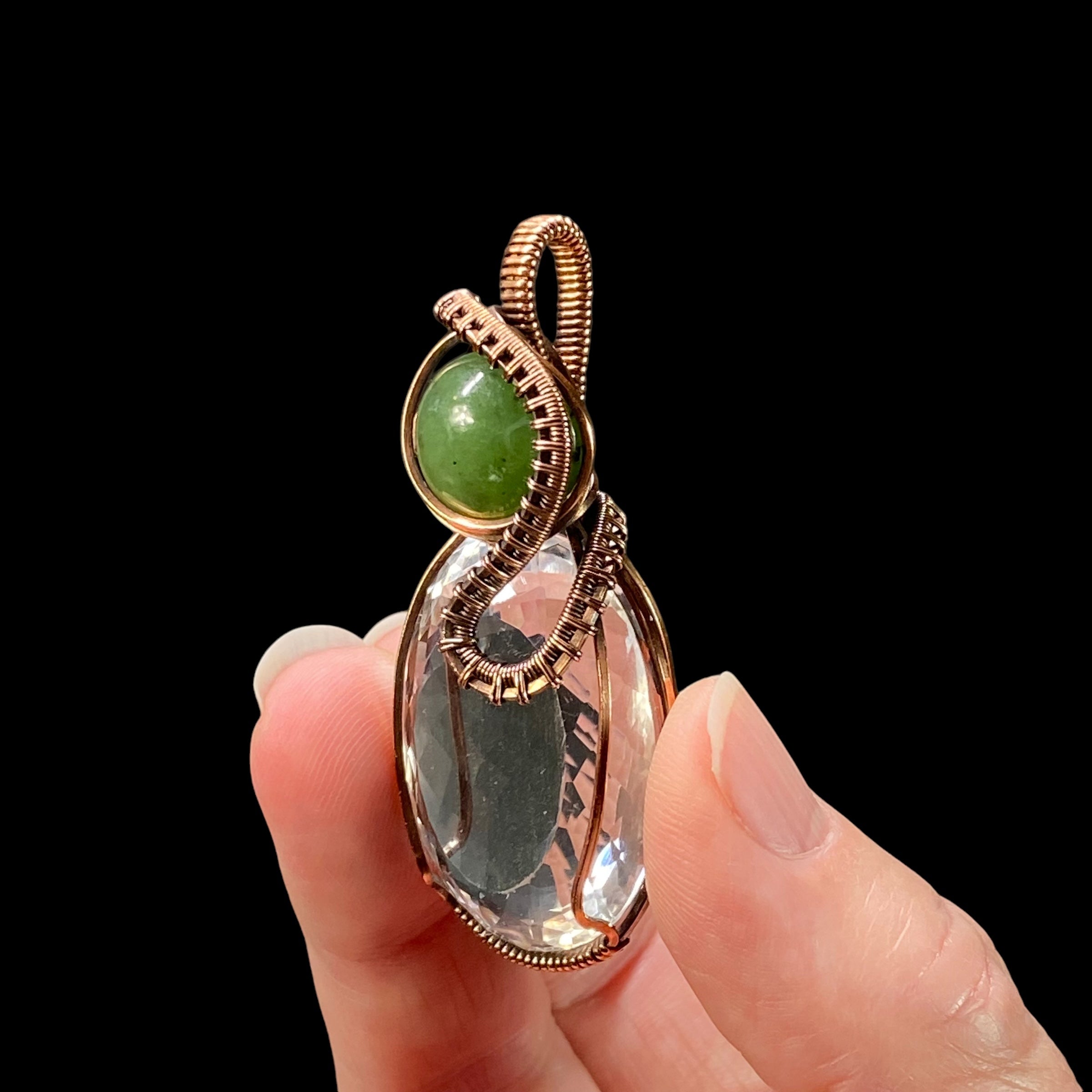 Faceted Clear Quartz & Copper Wire Wrapped Pendant with Nephrite Jade Accent Stone