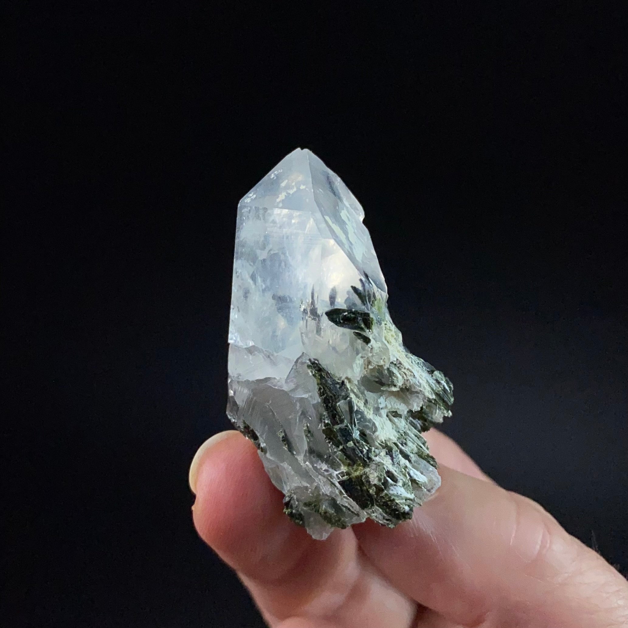 Quartz Crystal with Dark Green Epidote Crystals and Twin Terminations