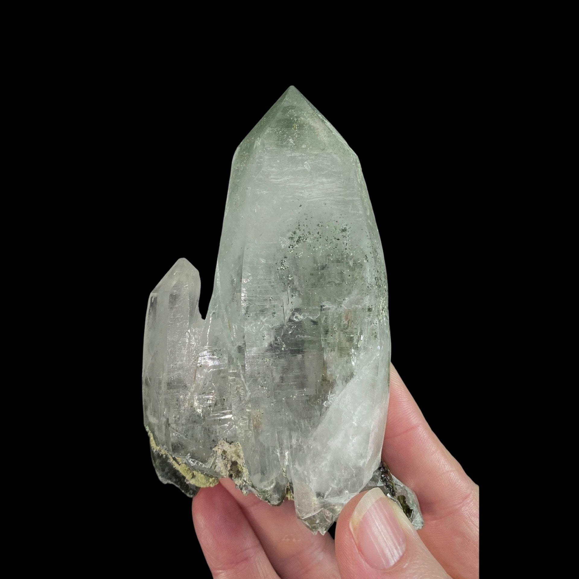 Chlorite Included Trigonal Habit Himalayan Quartz Crystal Cluster with Epidote Crystals, Hashupi, Pakistan