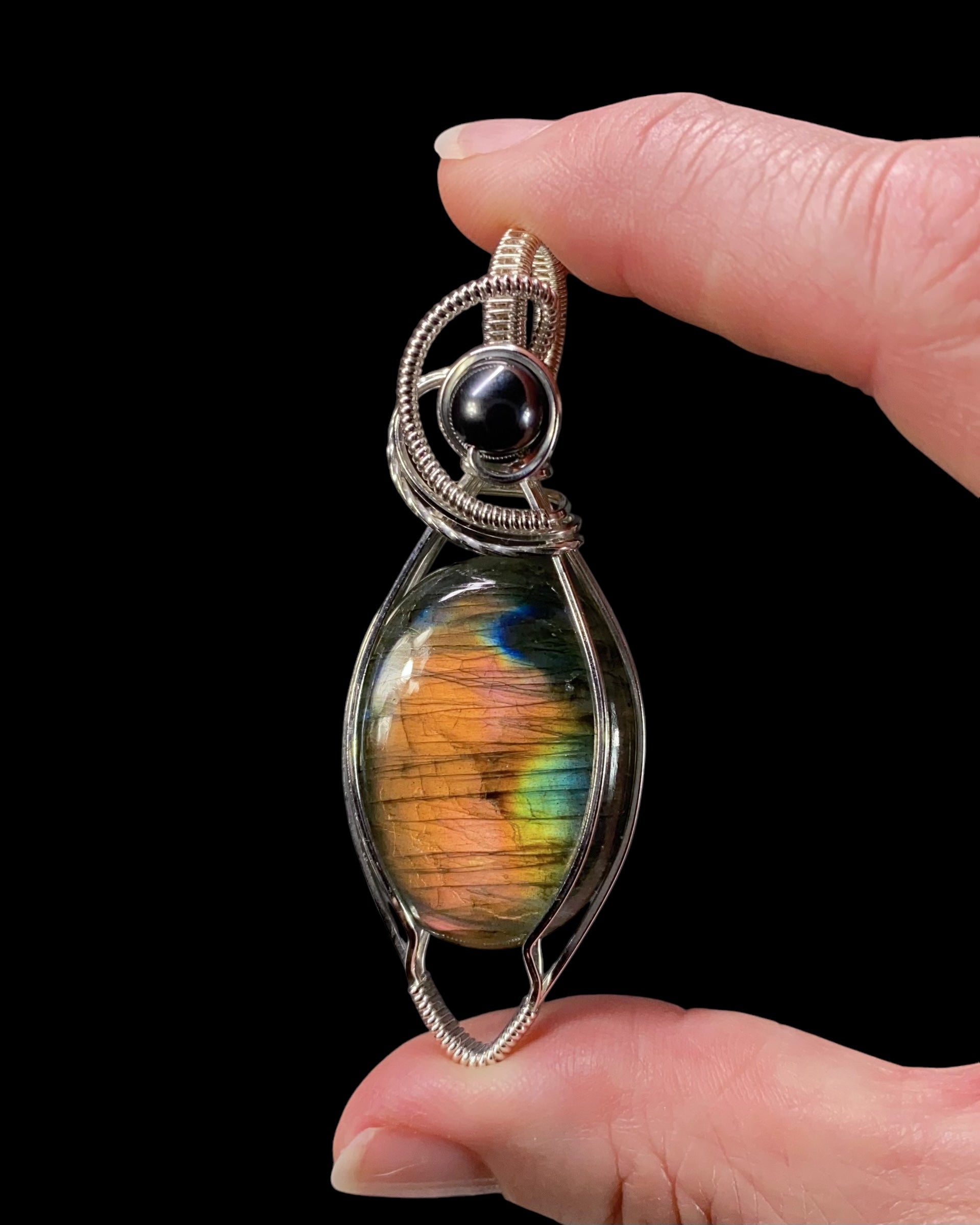 Flashy Labradorite & Sterling Silver Wire Wrapped Pendant with Hematite Accent