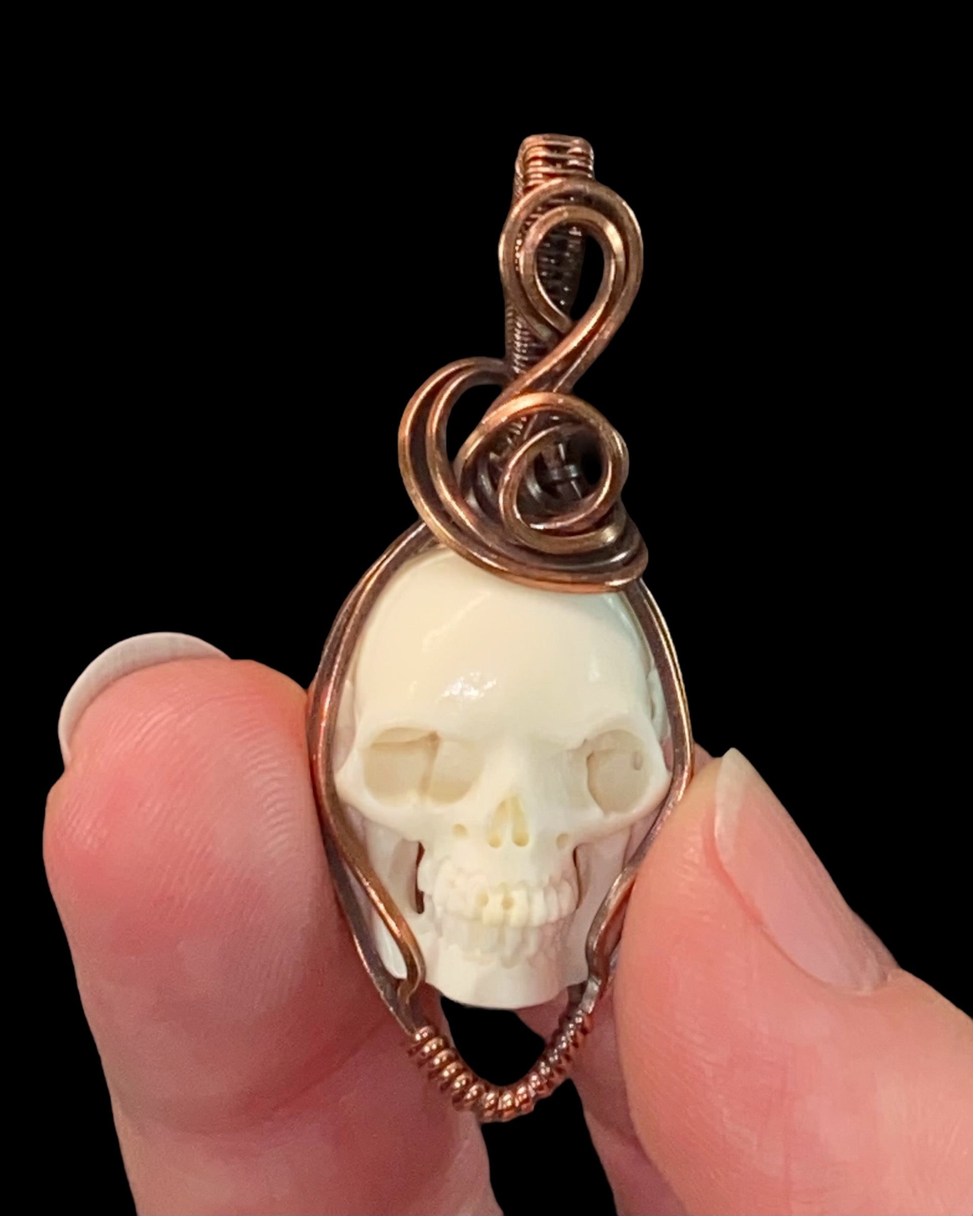 Carved Bone Skull and Copper Handmade Wire Wrapped Pendant