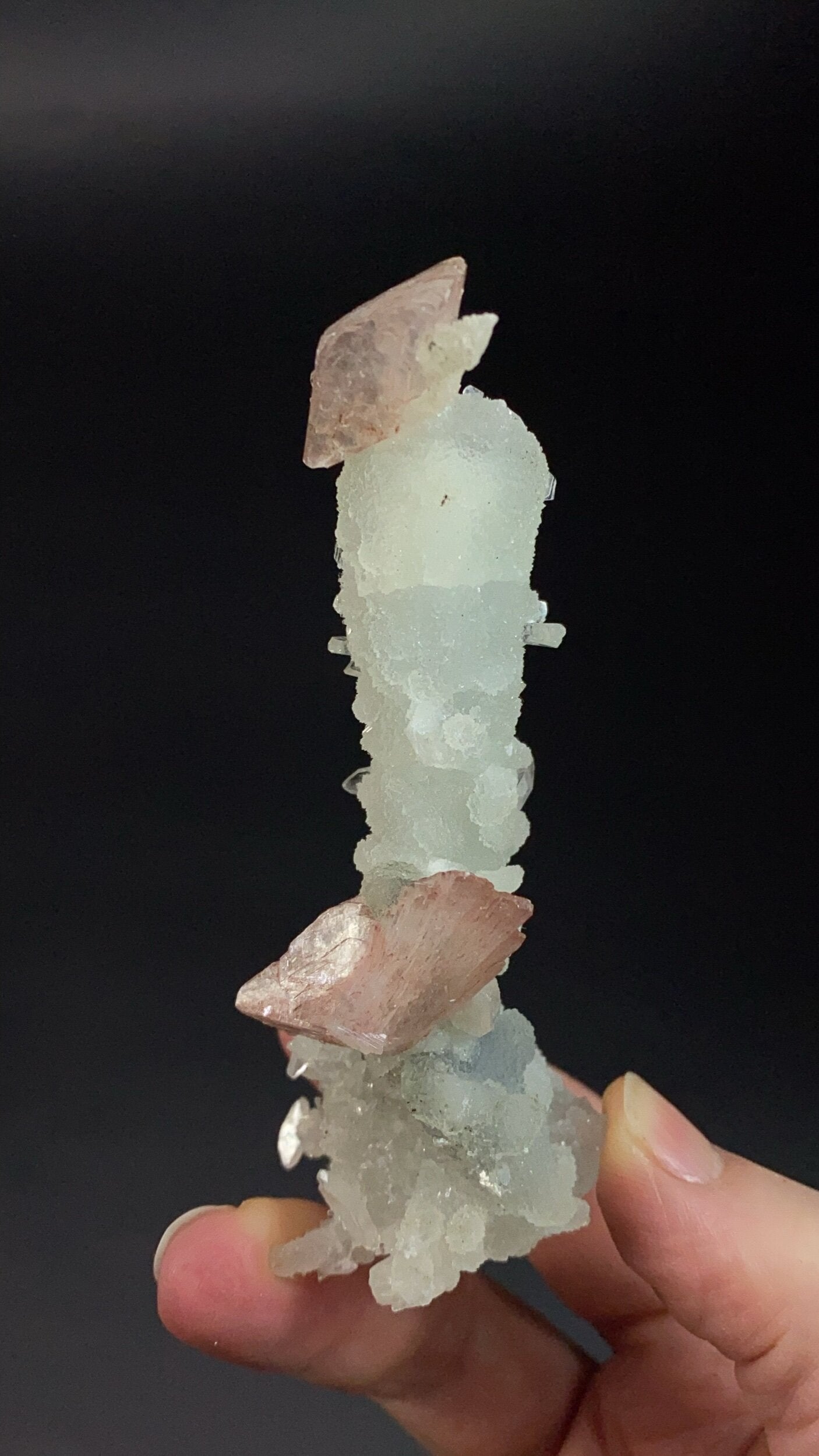 Clear Apophyllite, Pink Heulandite & Calcite Stalactite Formation Cluster