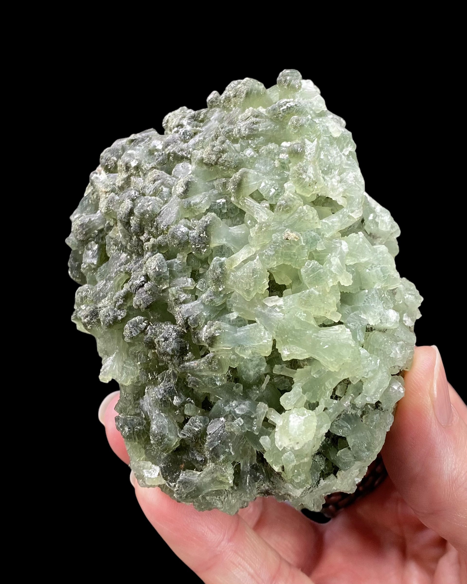 Deep Green Prehnite Cluster with Fine Needle Crystals