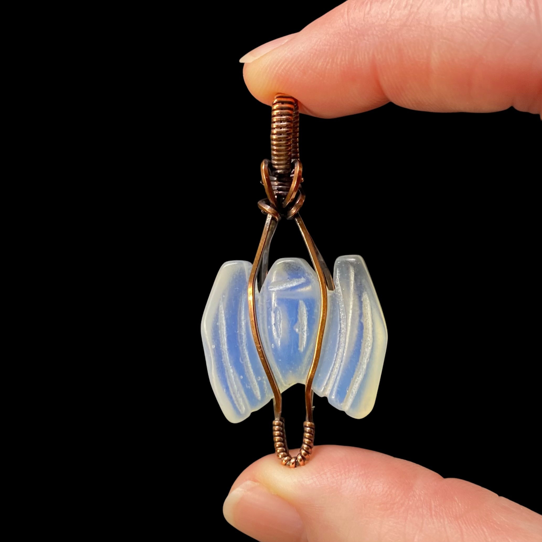 Opalite Carved Bat and Copper Wire Wrapped Pendant