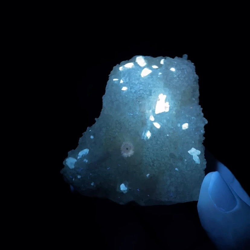 Phosphorescent Golden Honey Calcite Crystals on Druzy Quartz in Basalt Pocket