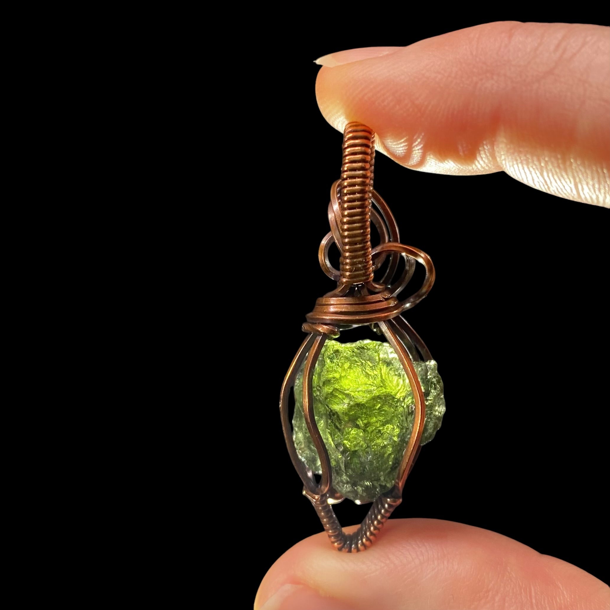 Genuine Moldavite and Copper Wire Wrapped Pendant