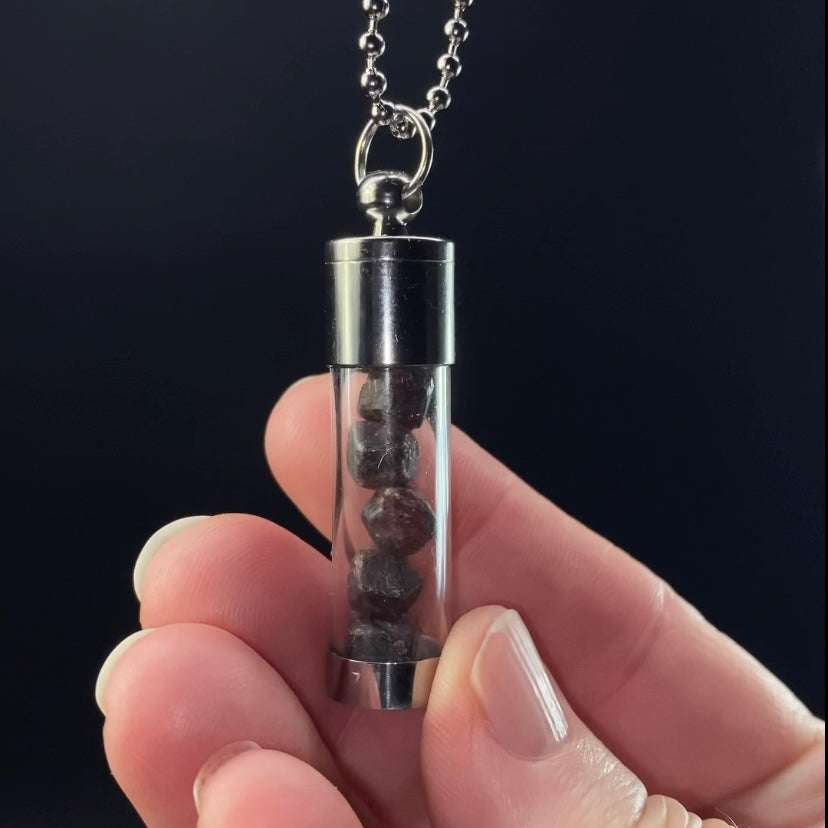 Almandine Garnet Filled Vial Pendant Necklace