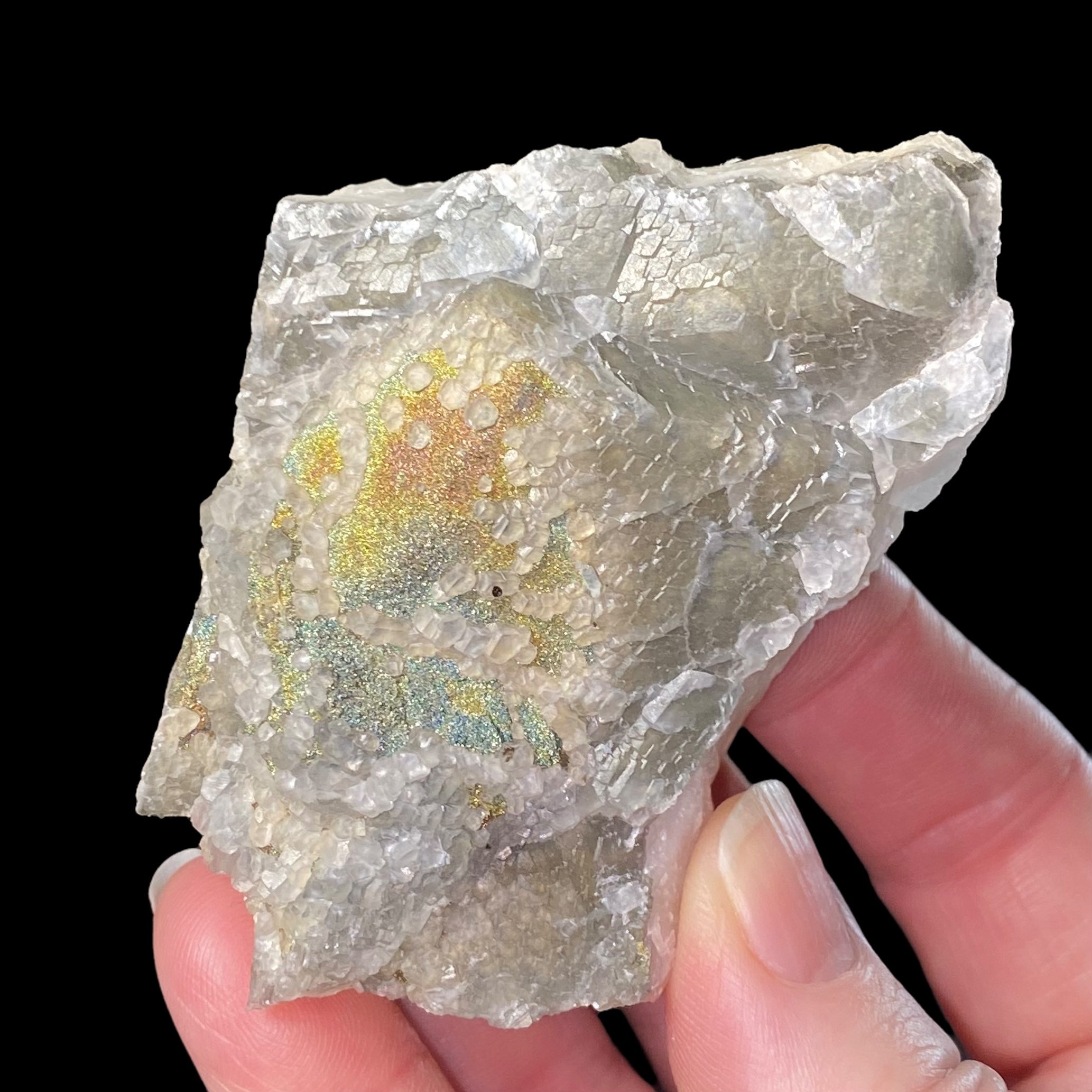 Rainbow Pyrite with Fluorescent Calcite from Trepca Mine Complex, Kosovo