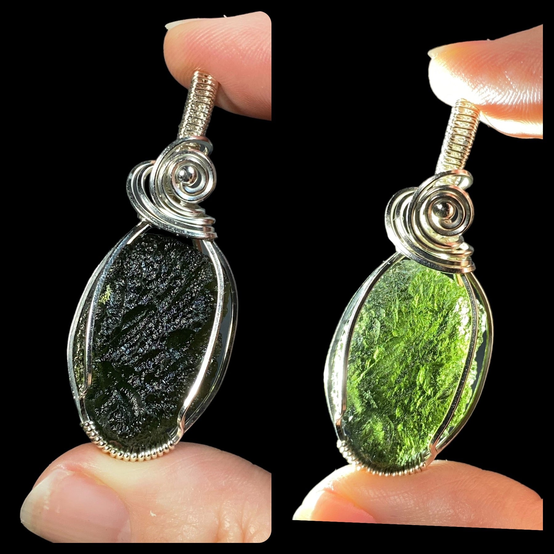 Chlum Moldavite Wire Wrapped Pendant in Sterling Silver Wire