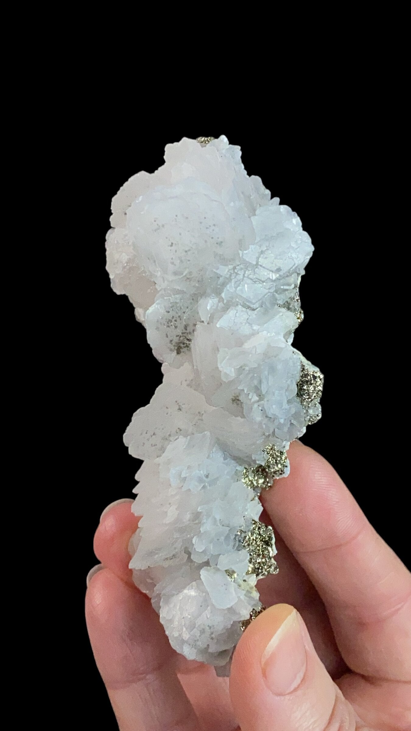 Fluorescent Calcite Cluster with Pyrite from Trepca Mines, Kosovo