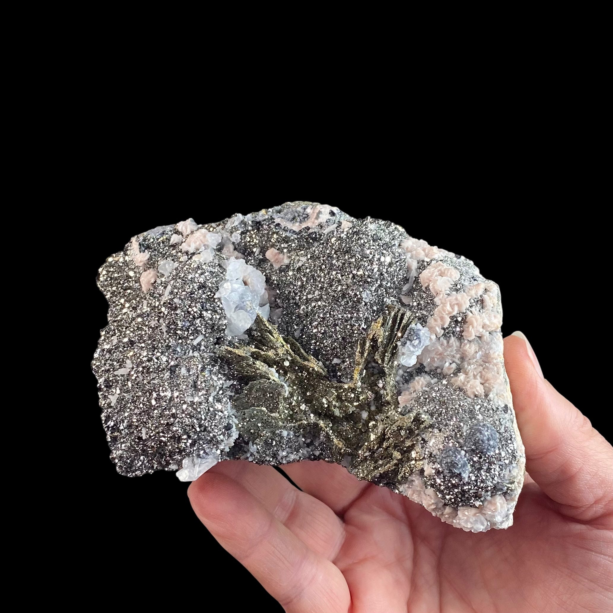 Rhodochrosite Rosettes on Arsenopyrite, with Sphalerite, Pyrite After Pyrrhotite, Milky Quartz Crystals  & Calcite from Trepça Mines, Kosovo