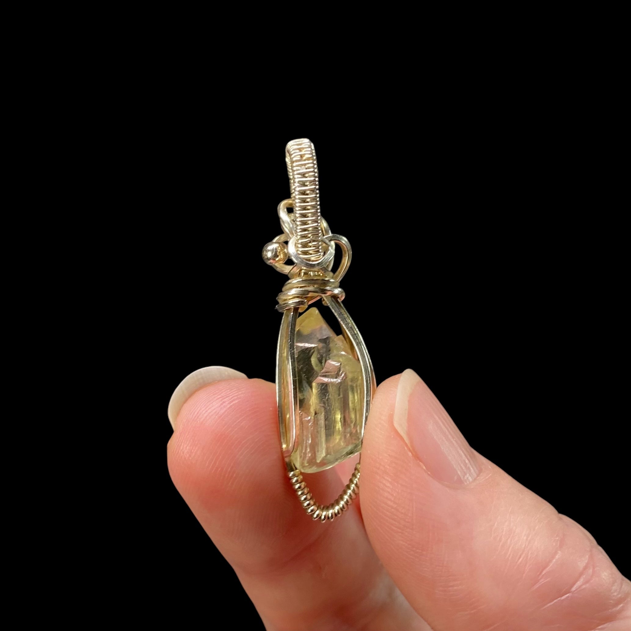 Yellow Spodumene Triphane Kunzite Crystal & Sterling Silver Handmade Wire Wrapped Pendant