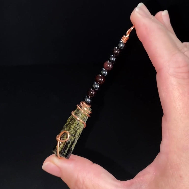 Garnet, Hematite & Epidote Wire Wrapped Witches Broom Pendant - Ornament for Halloween