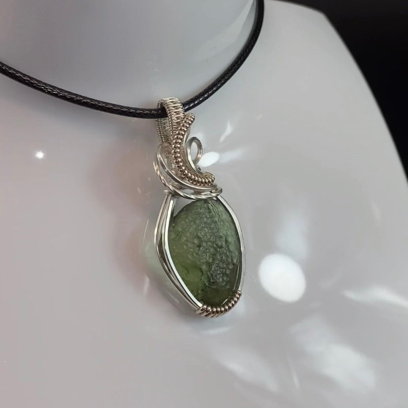 Moldavite Wire Wrapped Pendant in Sterling Silver Wire