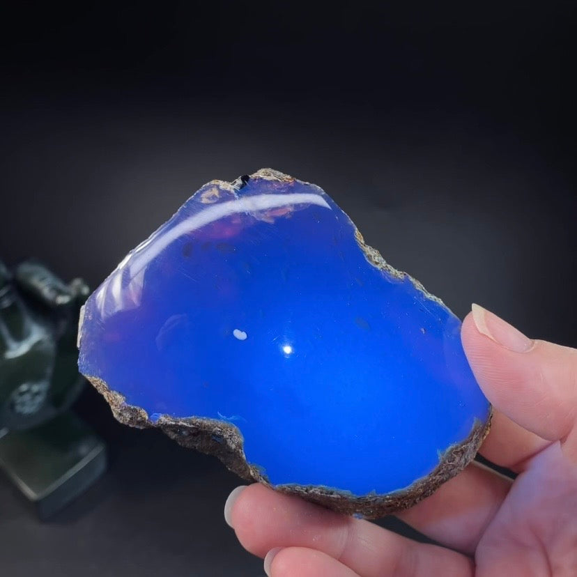 High Grade Sumatran Blue Amber Polished Display Face and Raw Exterior