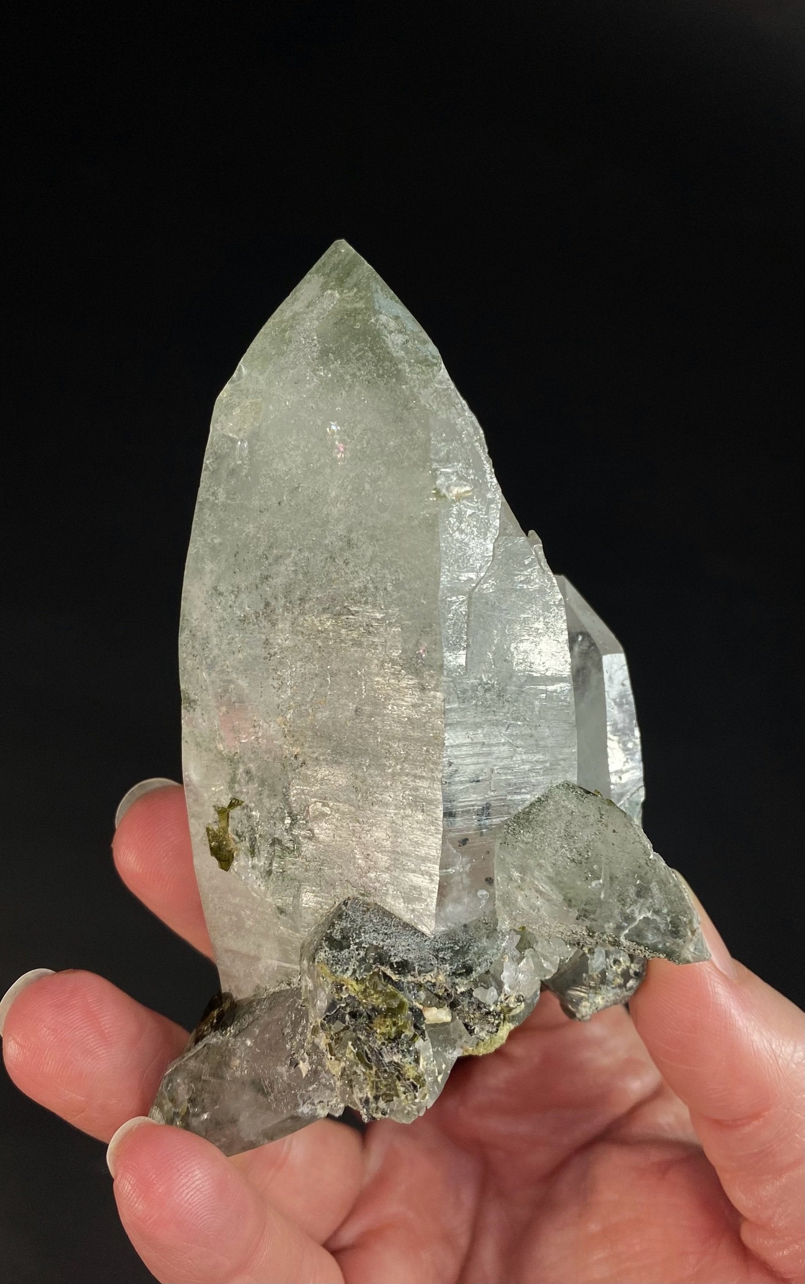 Chlorite Included Trigonal Habit Himalayan Quartz Crystal Cluster with Epidote Crystals, Hashupi, Pakistan