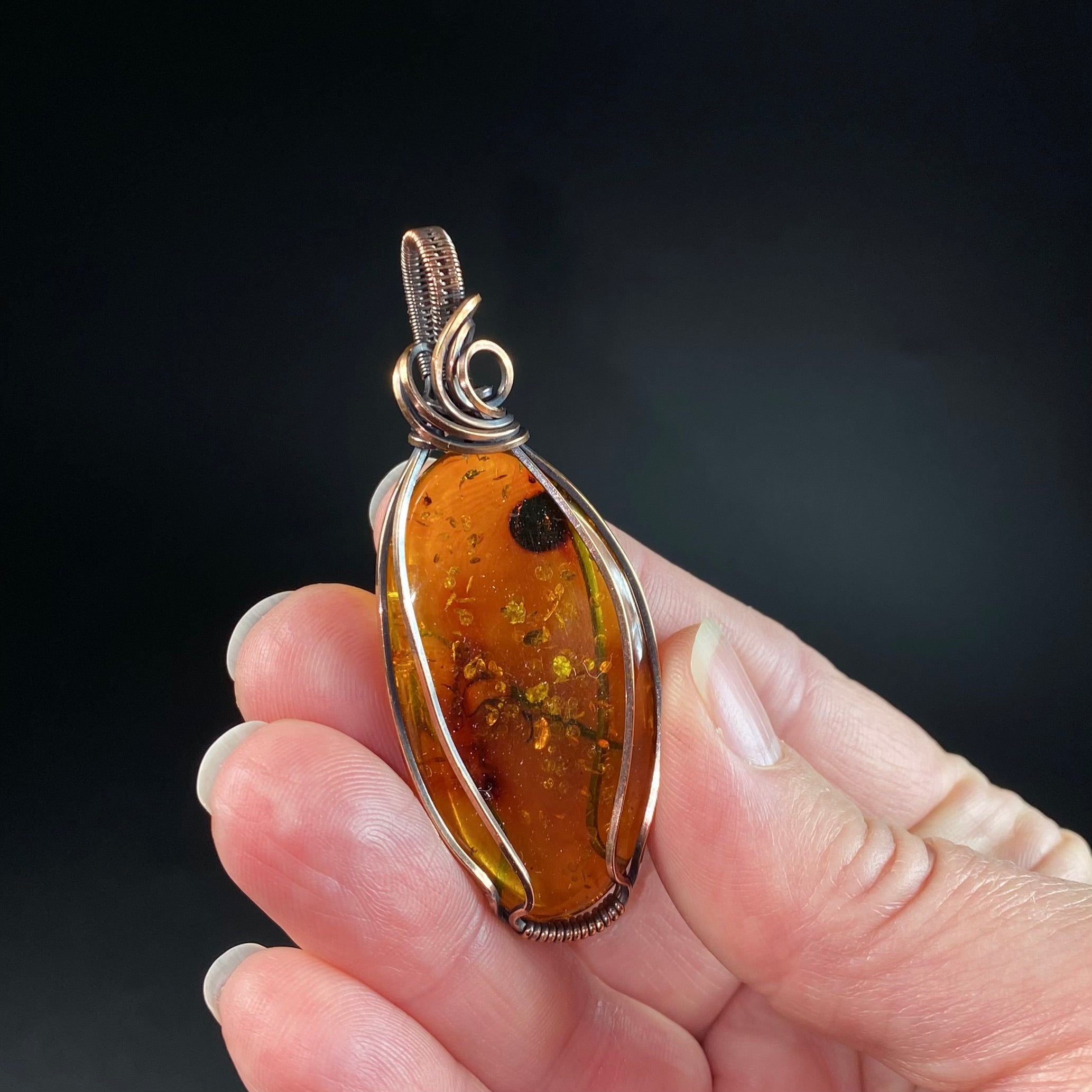 Amber and Copper Wire Wrapped Pendant