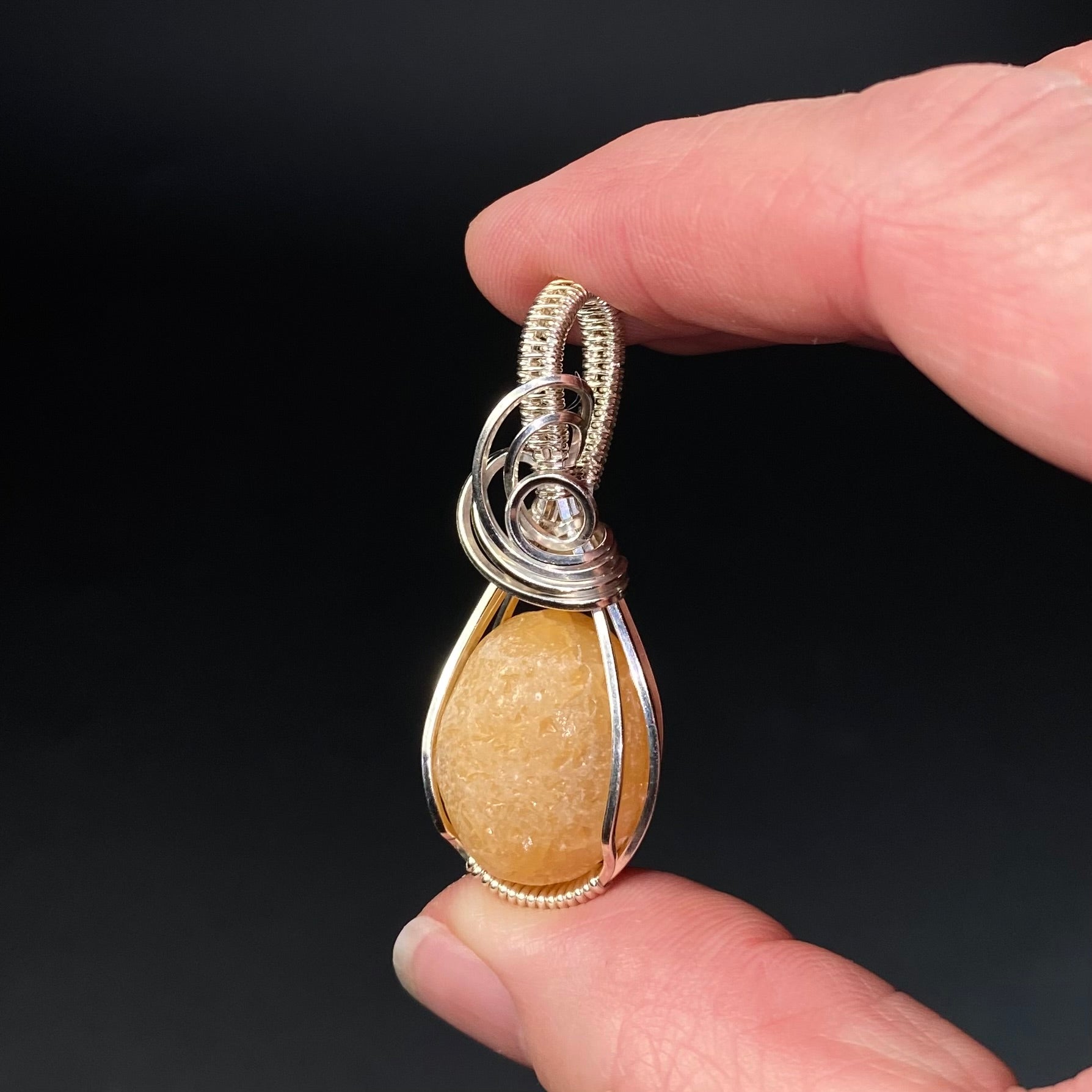 Yellow Orange Calcite Concretion & Sterling Silver Wire Wrapped Pendant